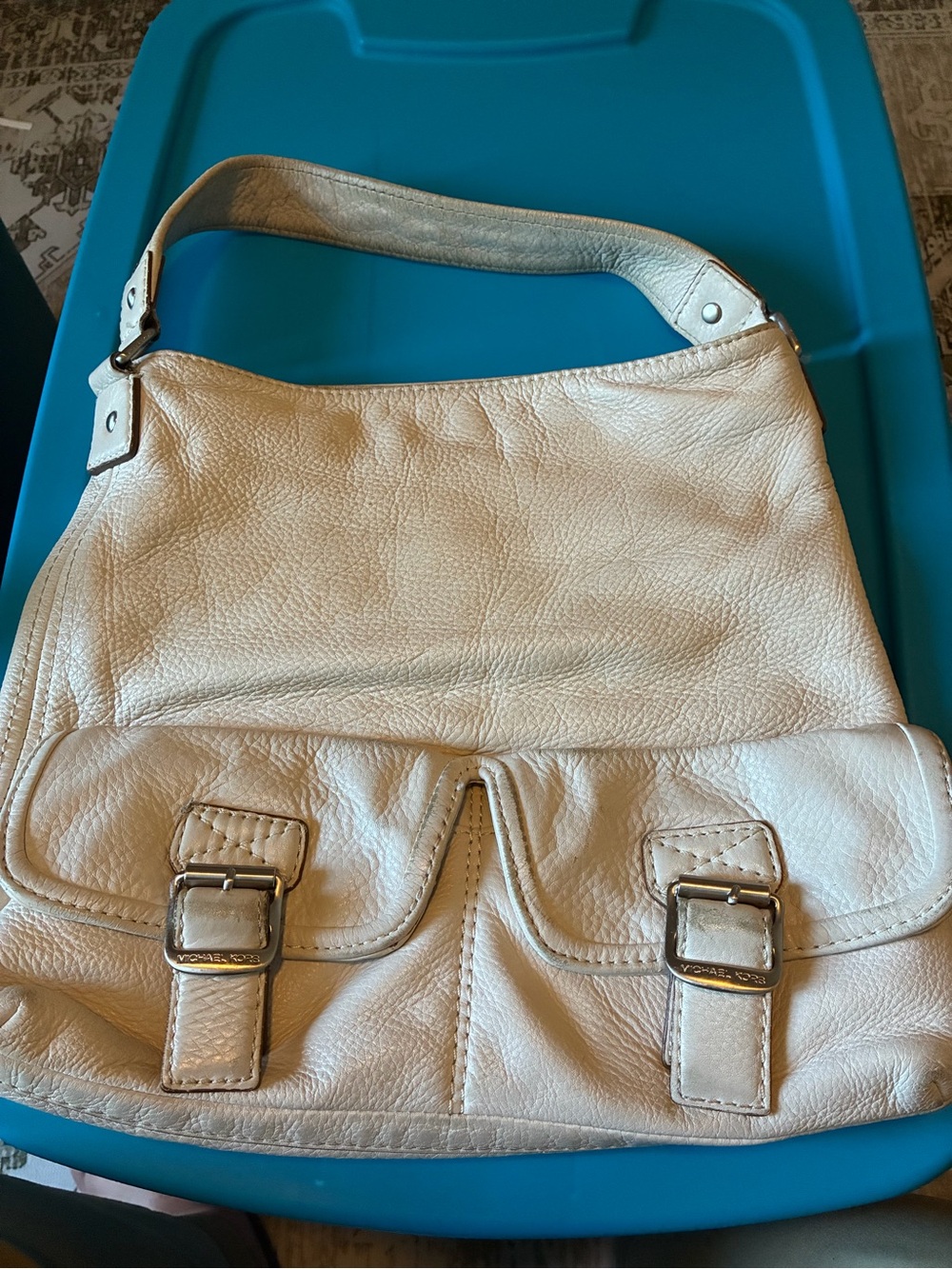 Michael Kors Pebbled Cream Leather Shoulder Bag with Front Buckle Pockets